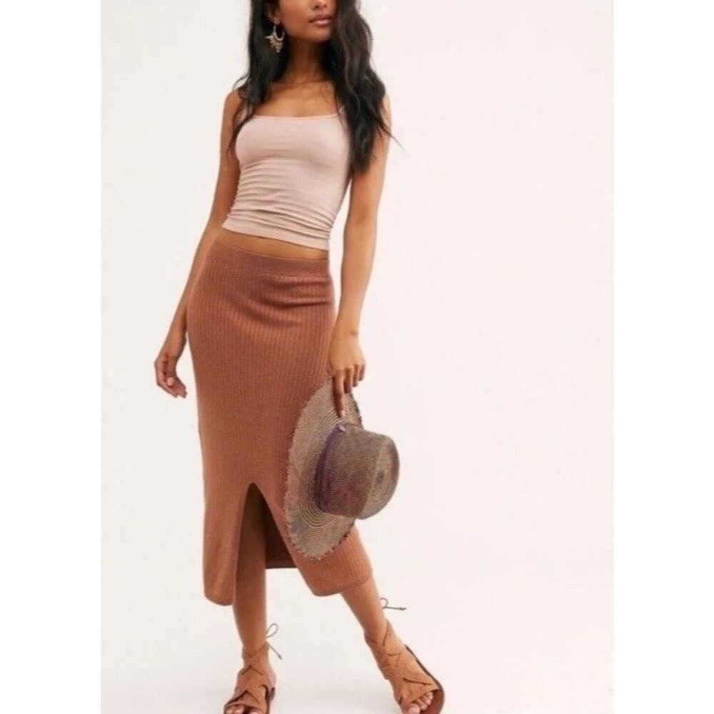 Free People Skirt M Skyline Rib Knit Midi Front Slit Tan Brown Pull On Boho